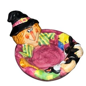 Vtg WCL Halloween Ceramic Witch Broom Black Cat Candy Bowl